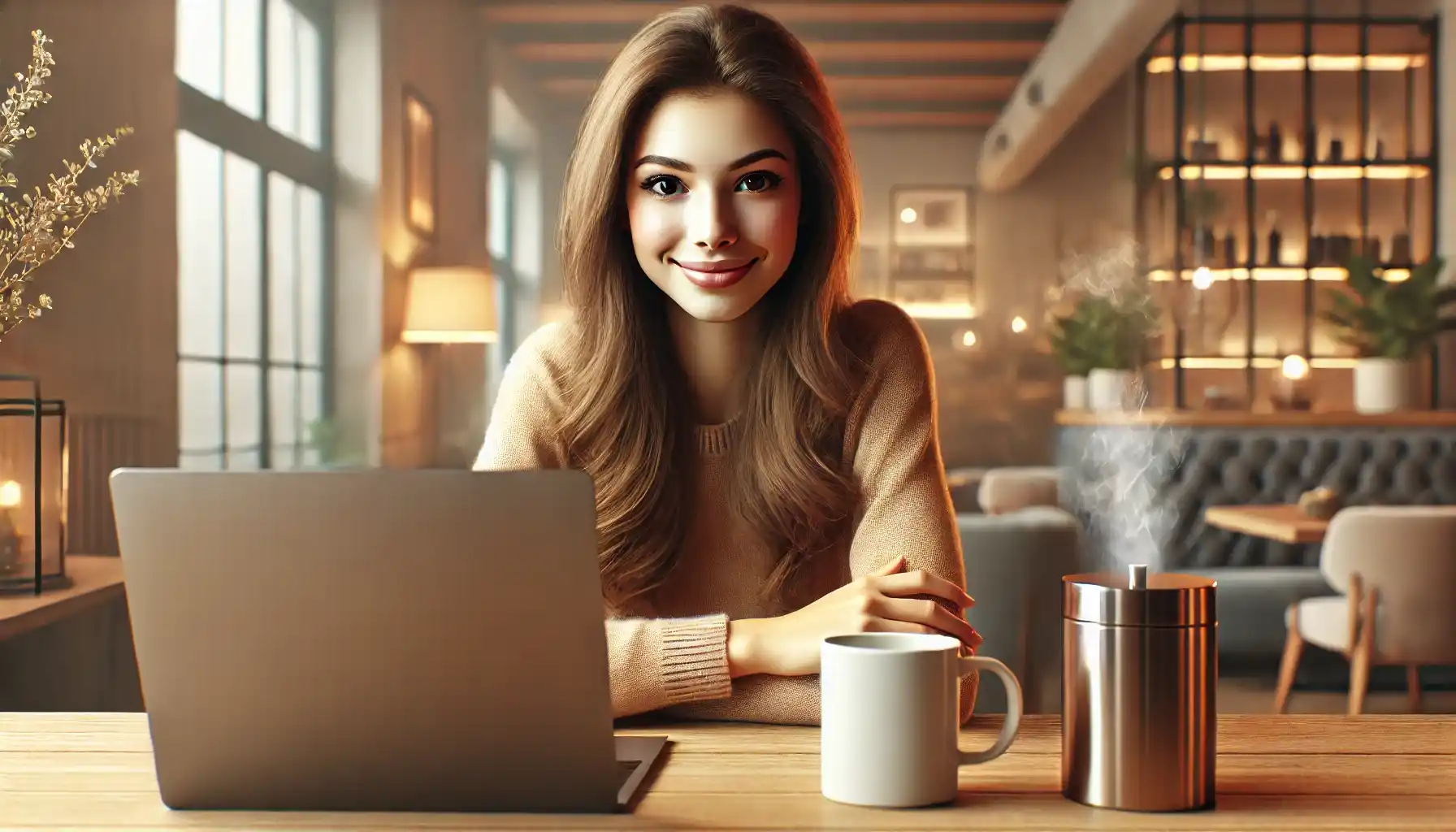 A young woman is sitting at a table with a laptop open to see a detailed digital planner to check her tasks and schedules. She is smiling, enjoying a productive moment. 