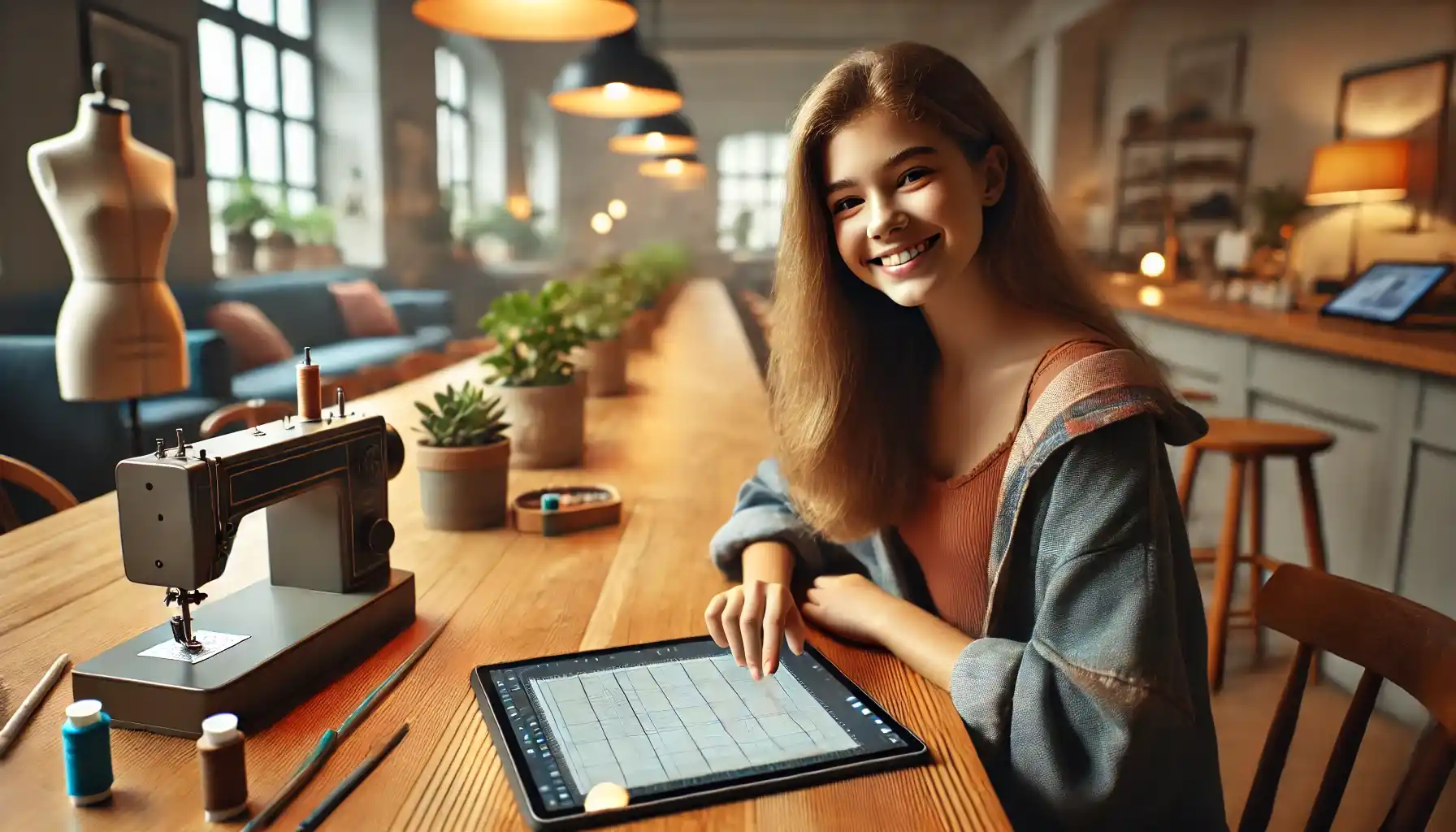 A teenage girl is sitting at a large wooden table and studying at a tablet screen displaying a sewing pattern.