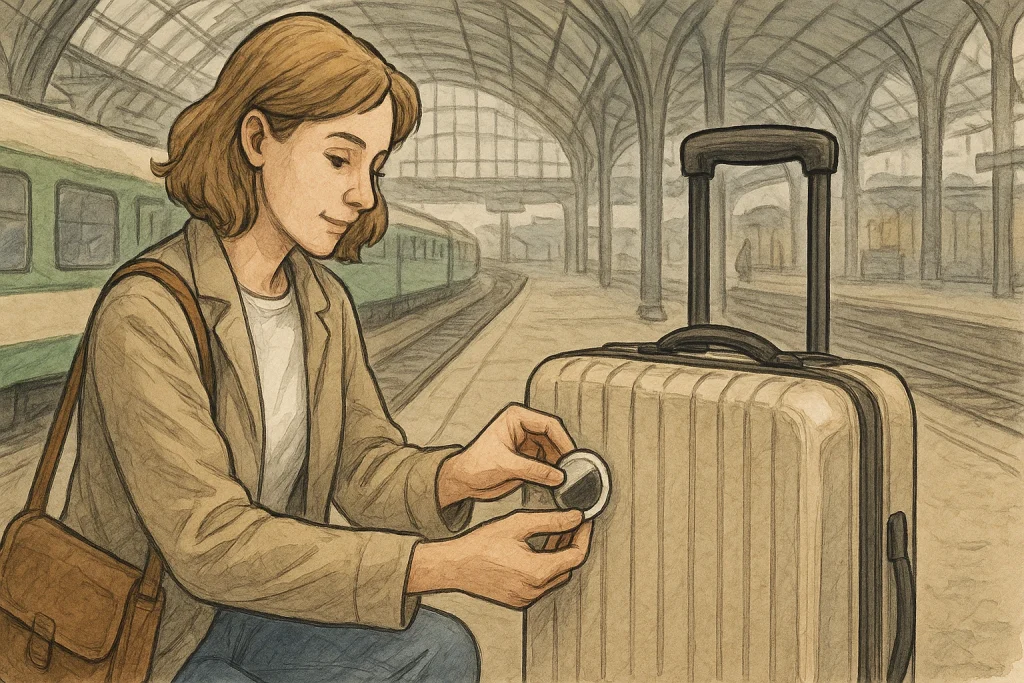 A woman puts an AirTag on her luggage at the railway station.