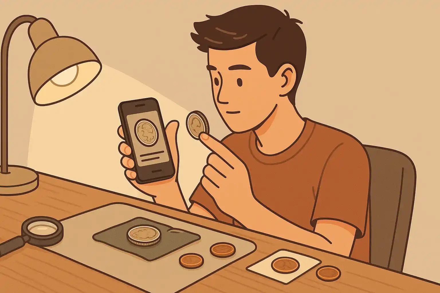 A teenager checks a coin via an app in his smartphone.